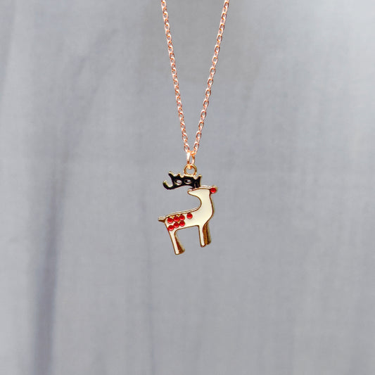 Spotted Reindeer Rose Golden Christmas Charm Necklace