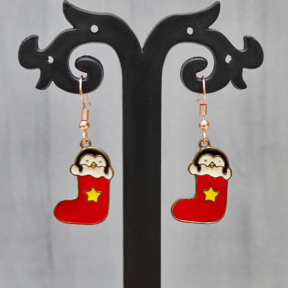 Cute Penguin Stocking Rose Golden Christmas Pendant Set (Necklace & Earrings)