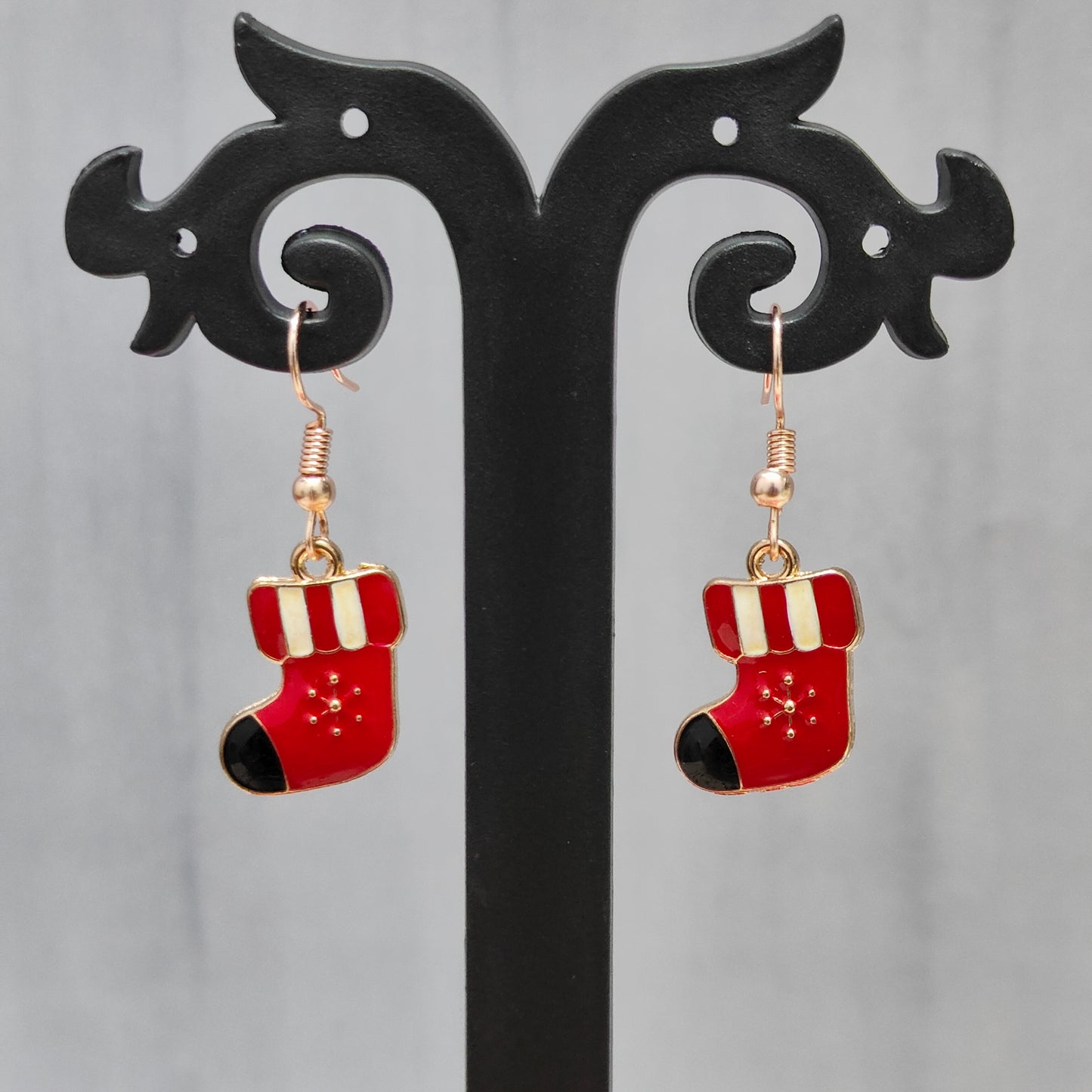 Snuggly Snowflake Sock Rose Golden Christmas Earrings