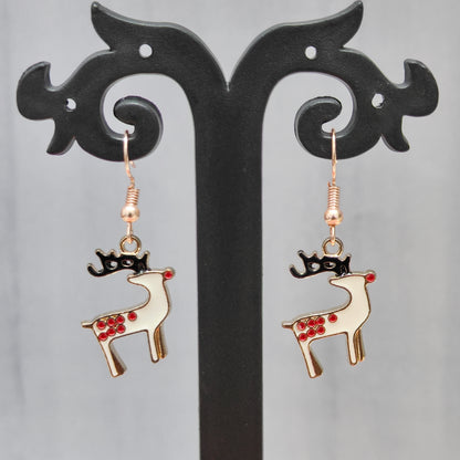 Spotted Reindeer Rose Golden Christmas Earrings