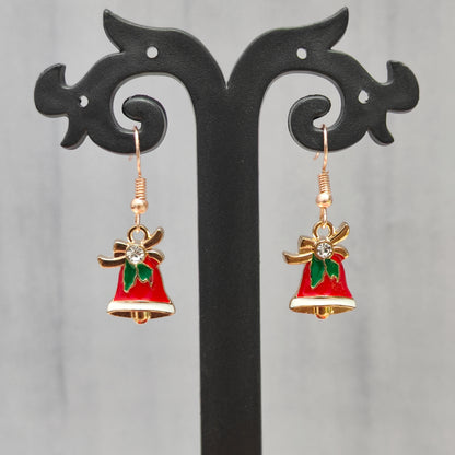 Studded Jingle Bell Rose Golden Christmas Earrings