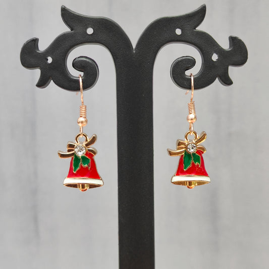 Studded Jingle Bell Rose Golden Christmas Earrings