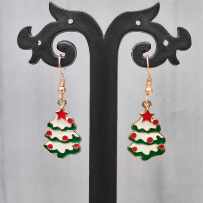 Snowy Xmas Tree Rose Golden Christmas Pendant Set (Necklace & Earrings)