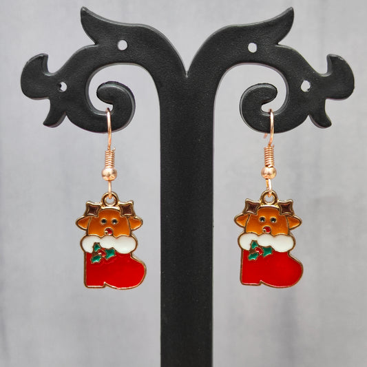 Cute Reindeer Sock Rose Golden Christmas Earrings