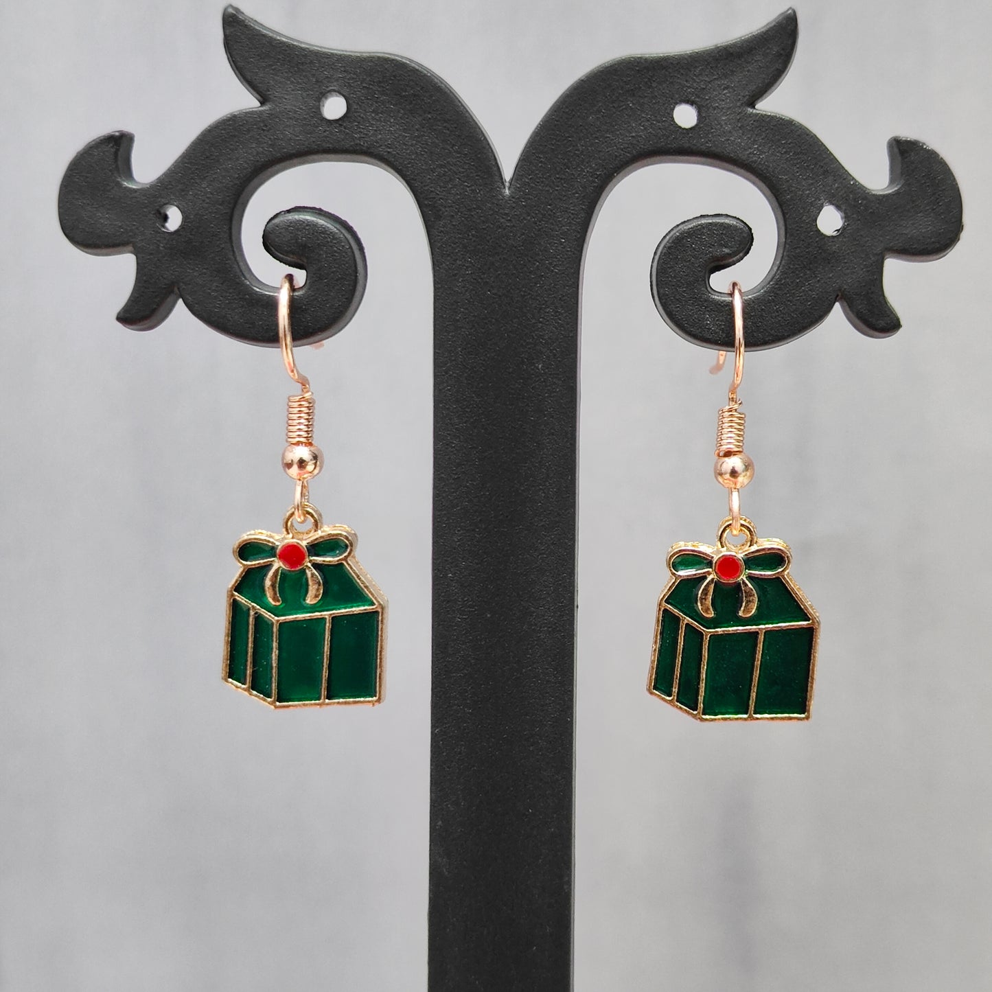 Green Mini Giftbox Rose Golden Christmas Earrings