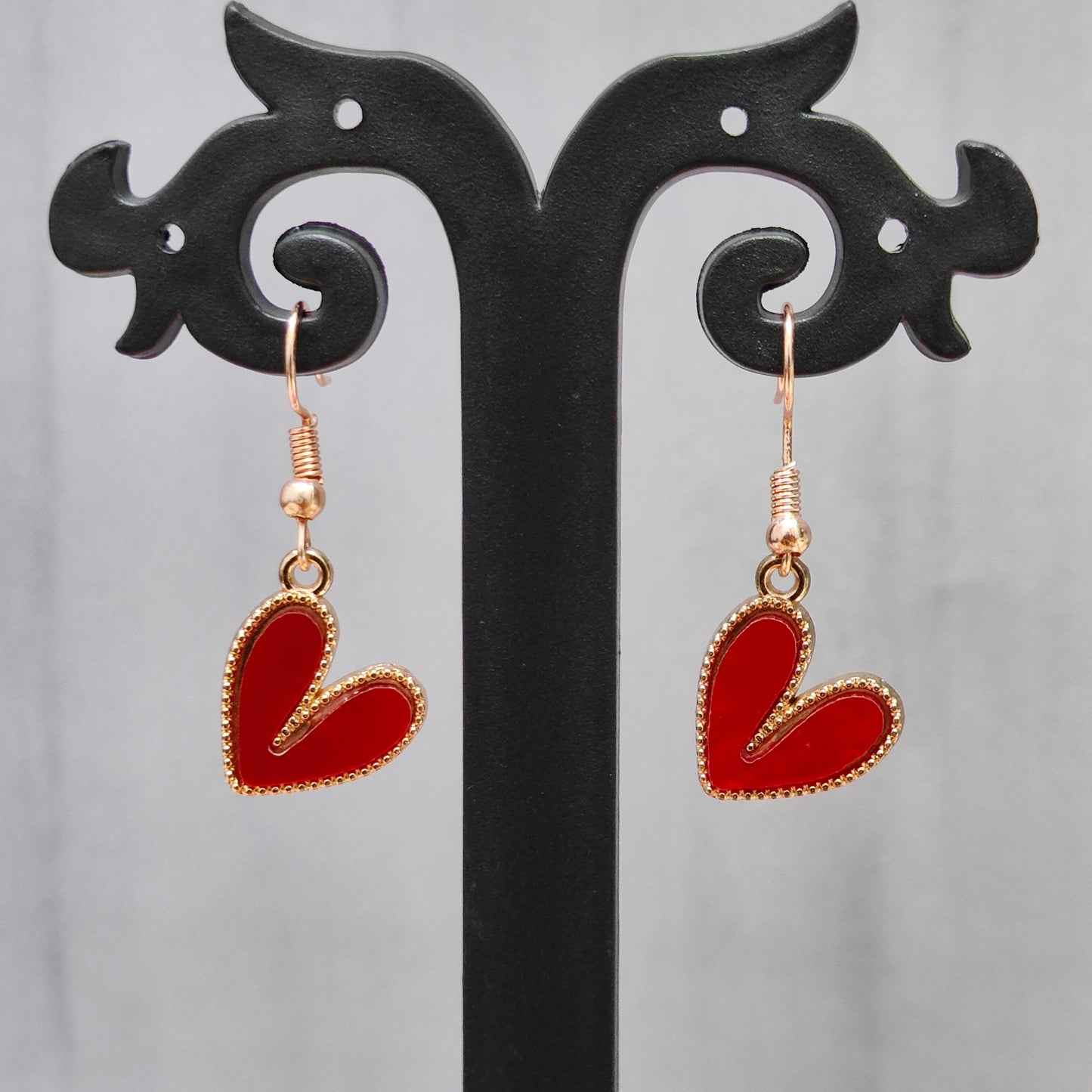 Glossy Red Heart Rose Golden Christmas Earrings