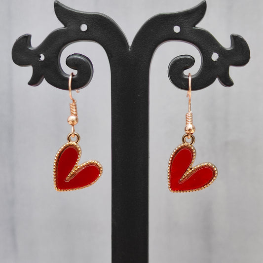 Glossy Red Heart Rose Golden Christmas Earrings