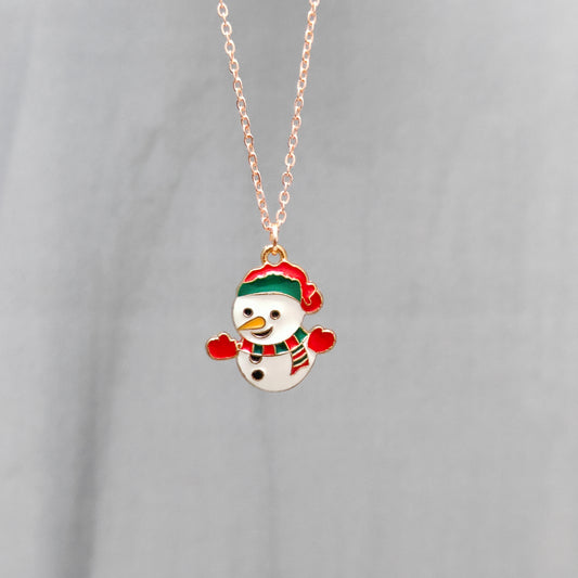 Happy Snowman Rose Golden Christmas Charm Necklace