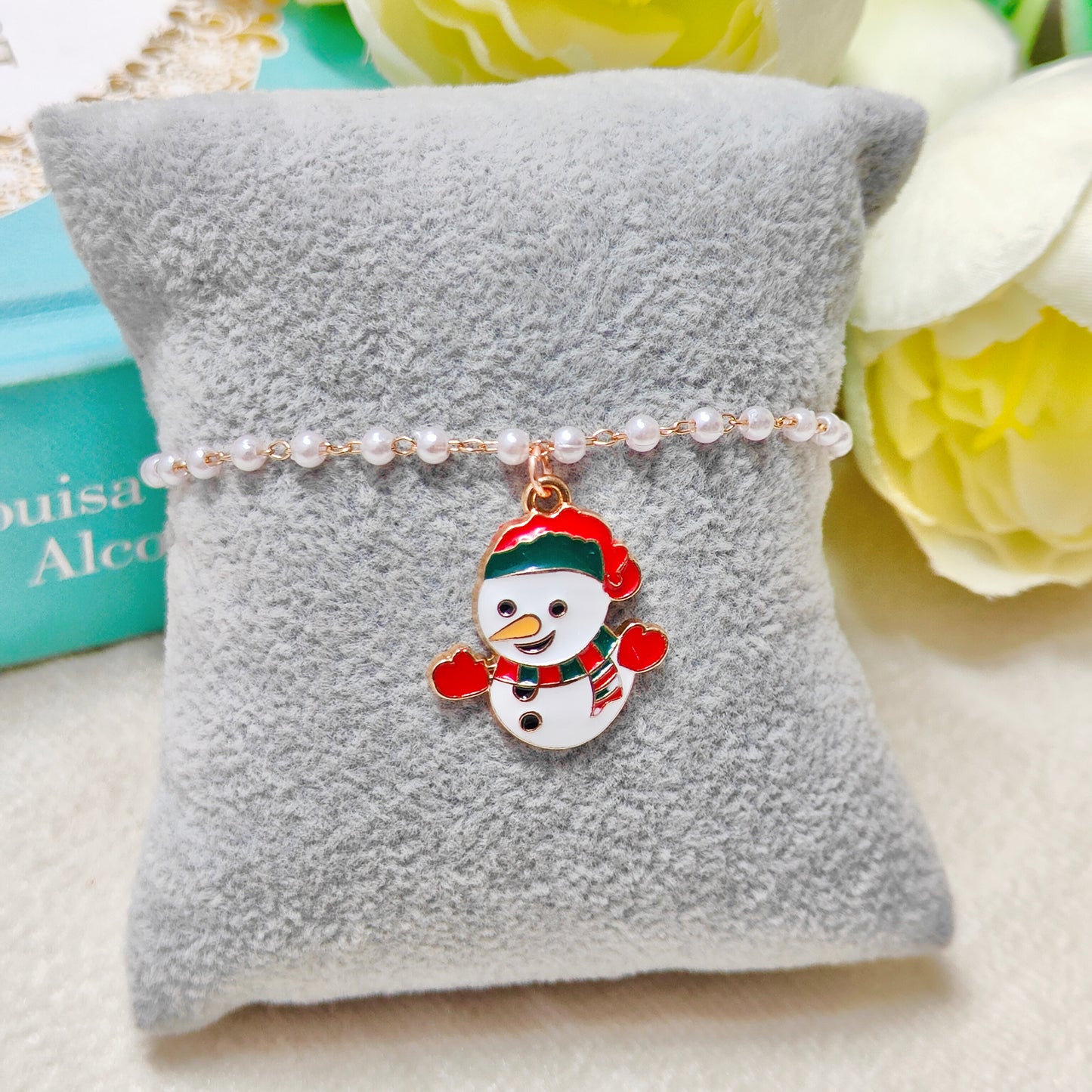 Happy Snowman Rose Golden Christmas Pearl Chain Bracelet