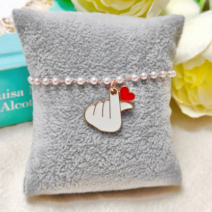 Finger-Heart Saranghae Rose Golden Christmas Pearl Chain Bracelet