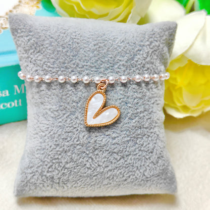 Pearl-Finish White Heart Rose Golden Christmas Pearl Chain Bracelet