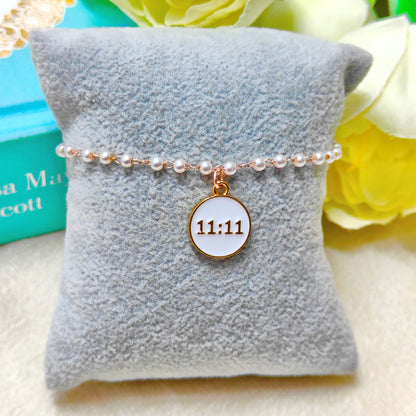 Manifest White 11:11 Coin Rose Golden Christmas Pearl Chain Bracelet