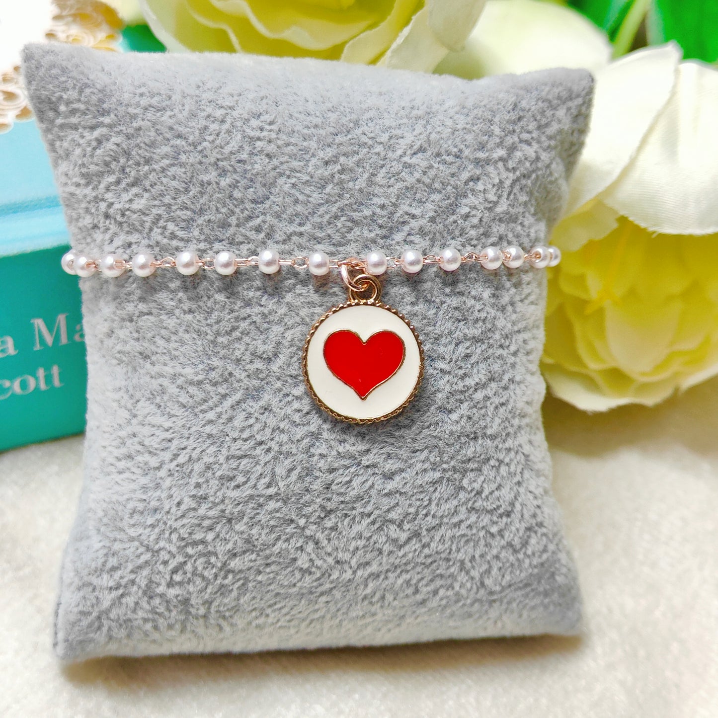 Red Heart Coin Rose Golden Christmas Pearl Chain Bracelet