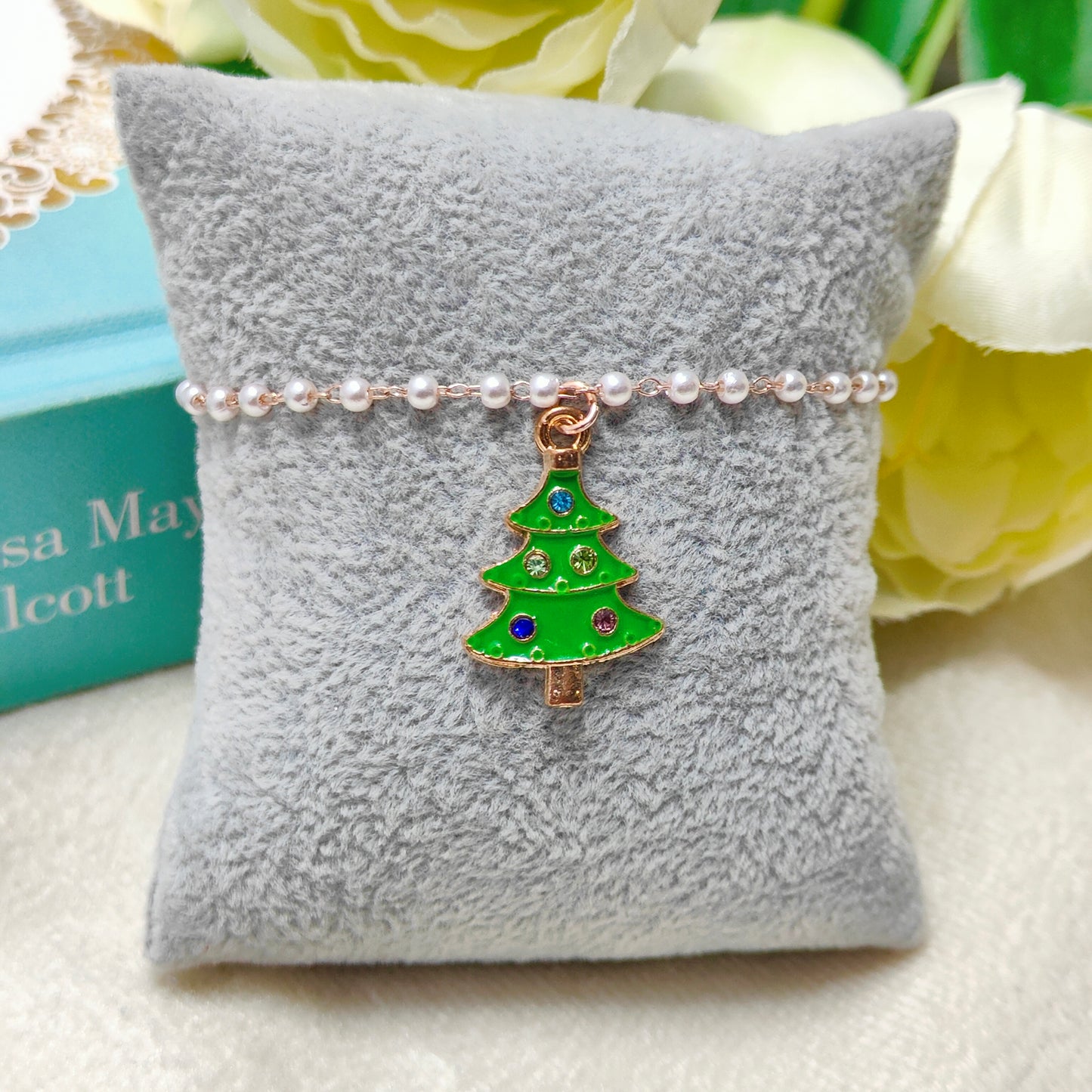 Multicolour Studded Xmas Tree Rose Golden Christmas Pearl Chain Bracelet