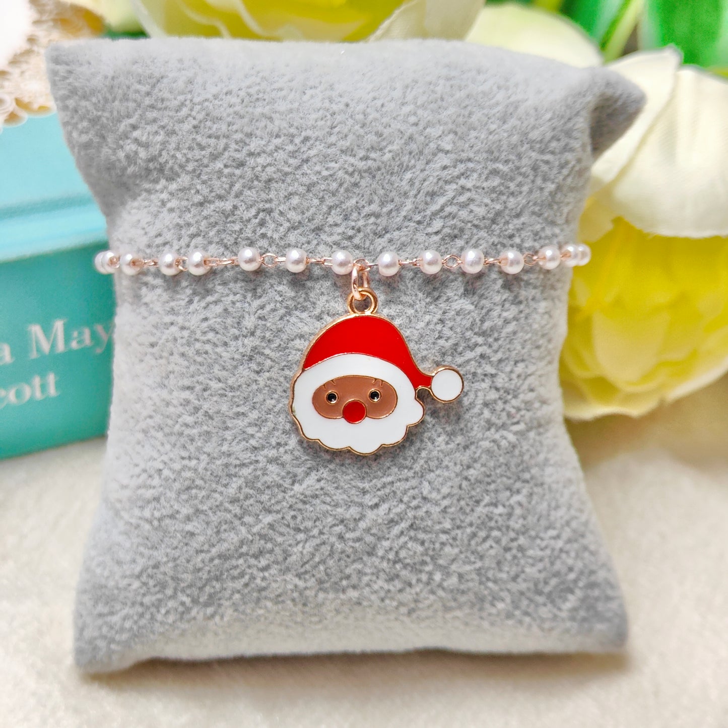 Cute Santa Face Rose Golden Christmas Pearl Chain Bracelet
