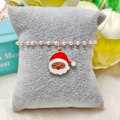 Cute Santa Face Rose Golden Christmas Pearl Chain Bracelet