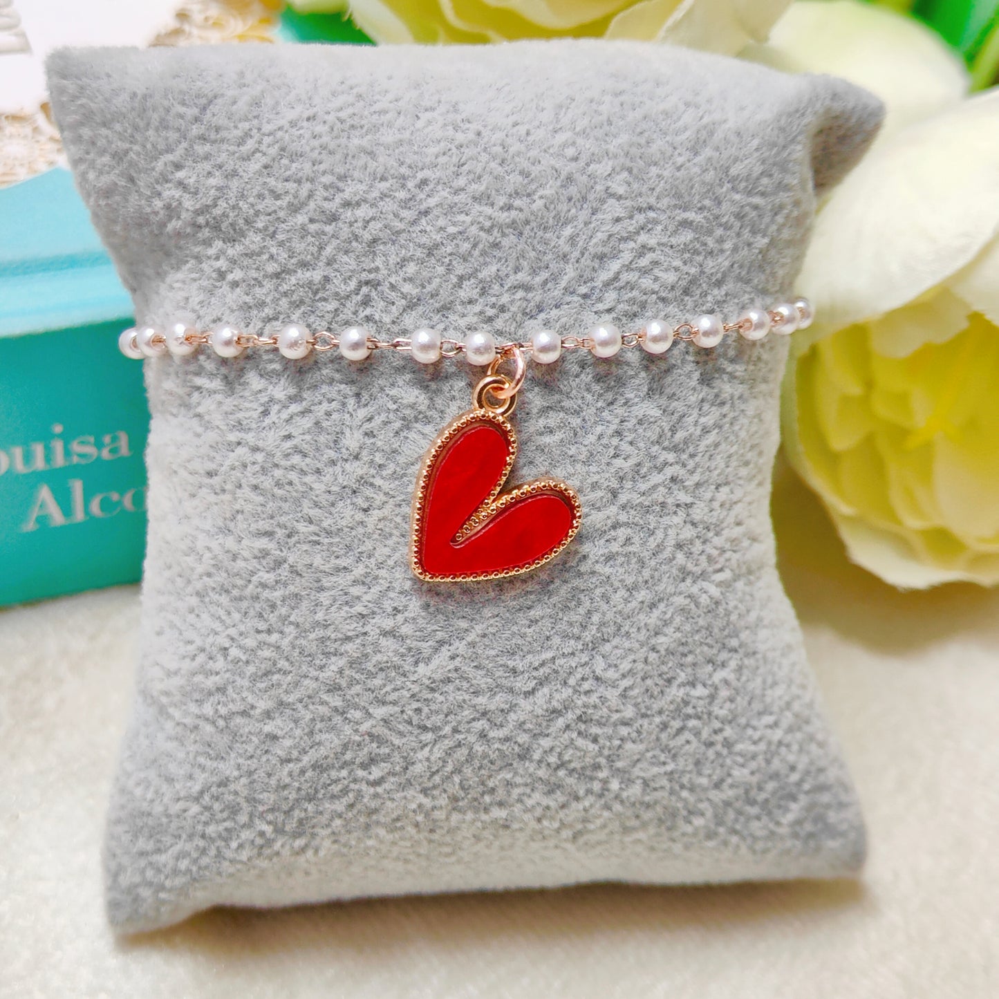 Glossy Red Heart Rose Golden Christmas Pearl Chain Bracelet