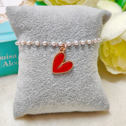 Glossy Red Heart Rose Golden Christmas Pearl Chain Bracelet