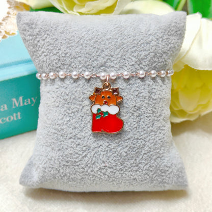 Cute Reindeer Sock Rose Golden Christmas Pearl Chain Bracelet