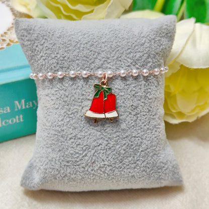 Double Jingle Bells Rose Golden Christmas Pearl Chain Bracelet