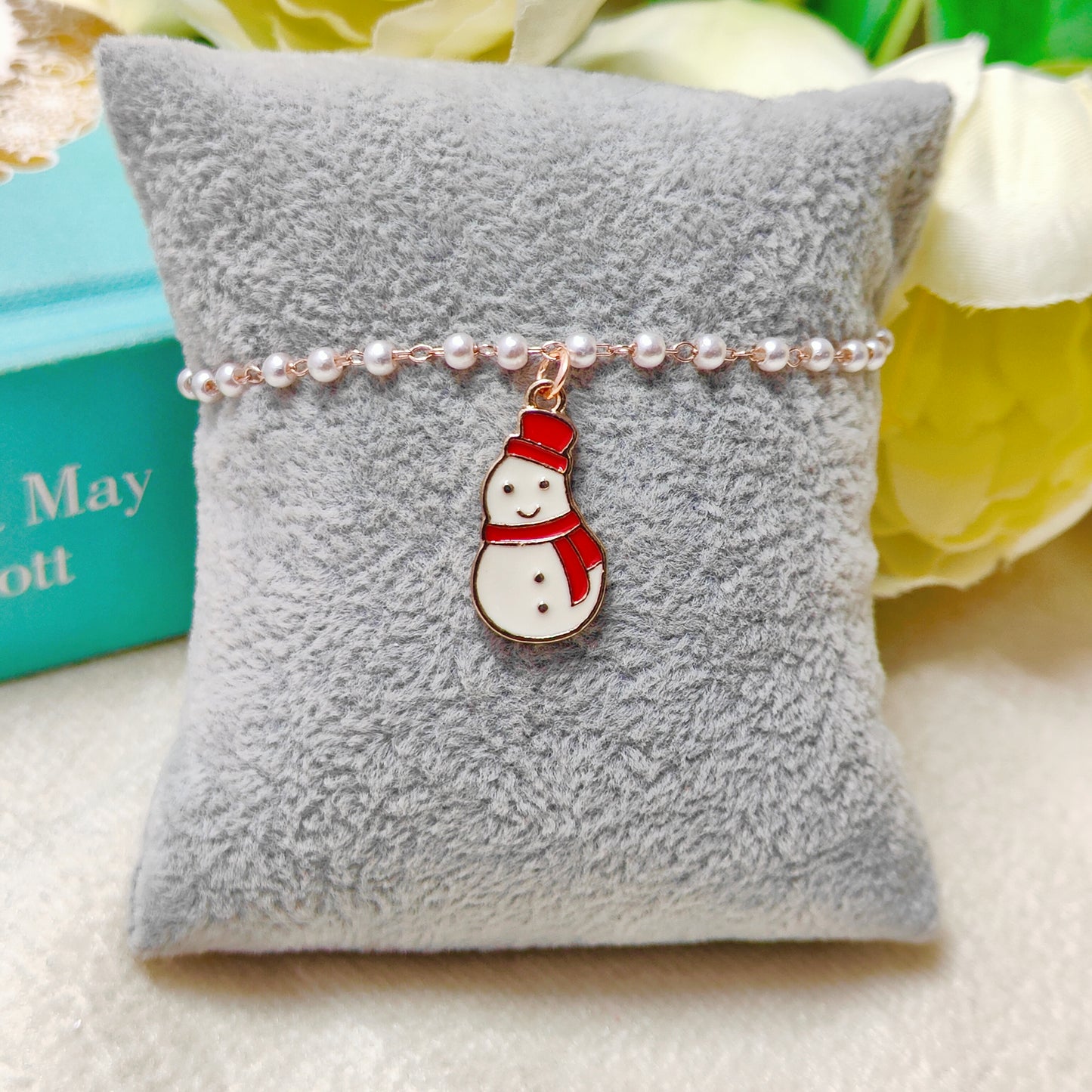 Mini Smiling Snowman Rose Golden Christmas Pearl Chain Bracelet