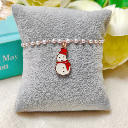 Mini Smiling Snowman Rose Golden Christmas Pearl Chain Bracelet