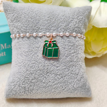 Green Mini Giftbox Rose Golden Christmas Pearl Chain Bracelet