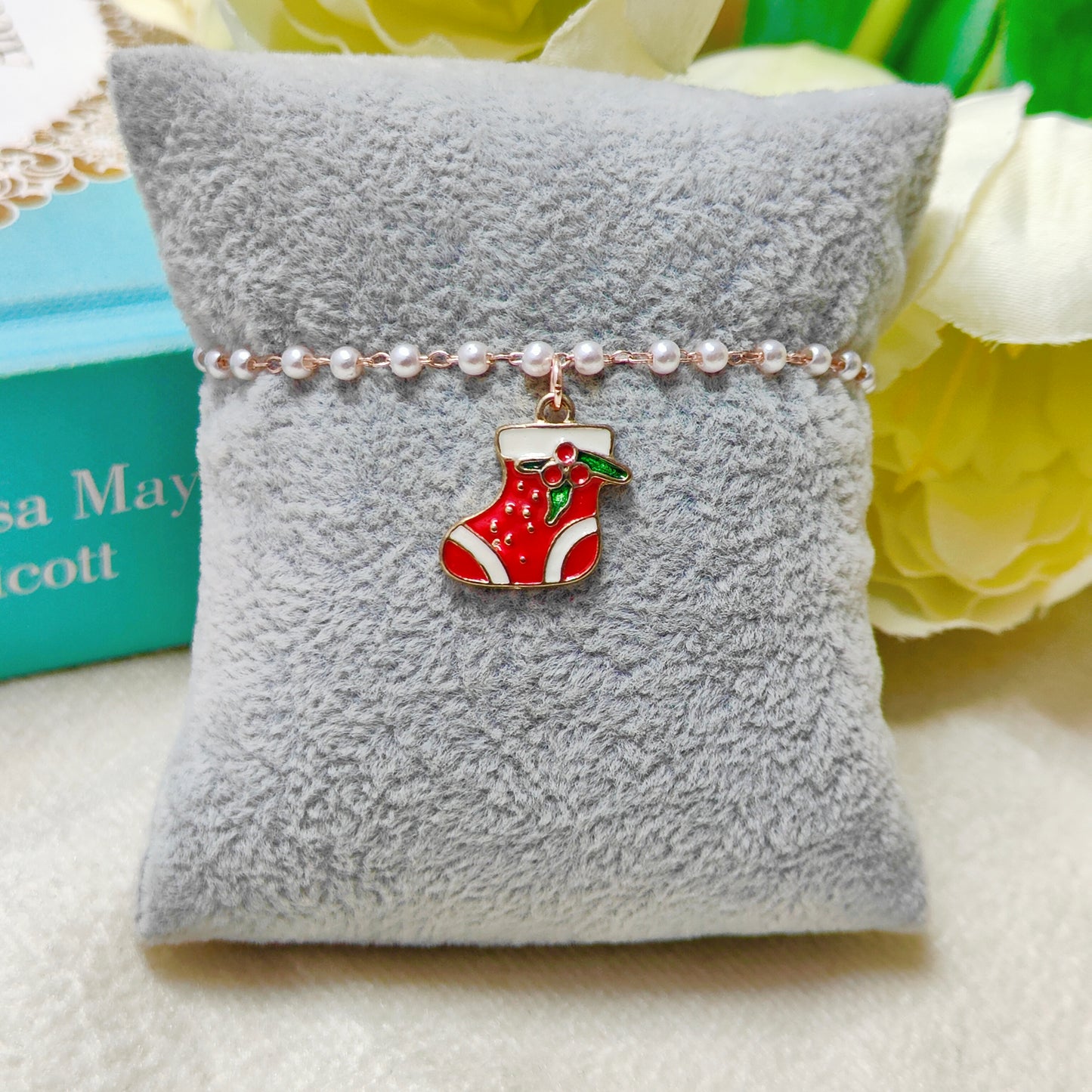 Mini Xmas Sock Rose Golden Christmas Pearl Chain Bracelet