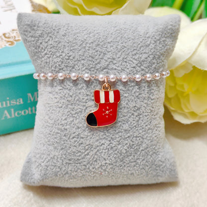 Snuggly Snowflake Sock Rose Golden Christmas Pearl Chain Bracelet