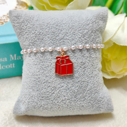 Red Mini Giftbox Rose Golden Christmas Pearl Chain Bracelet