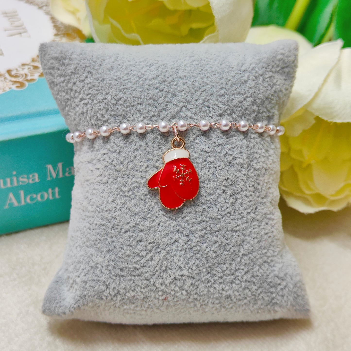 Double Snowflake Gloves Rose Golden Christmas Pearl Chain Bracelet