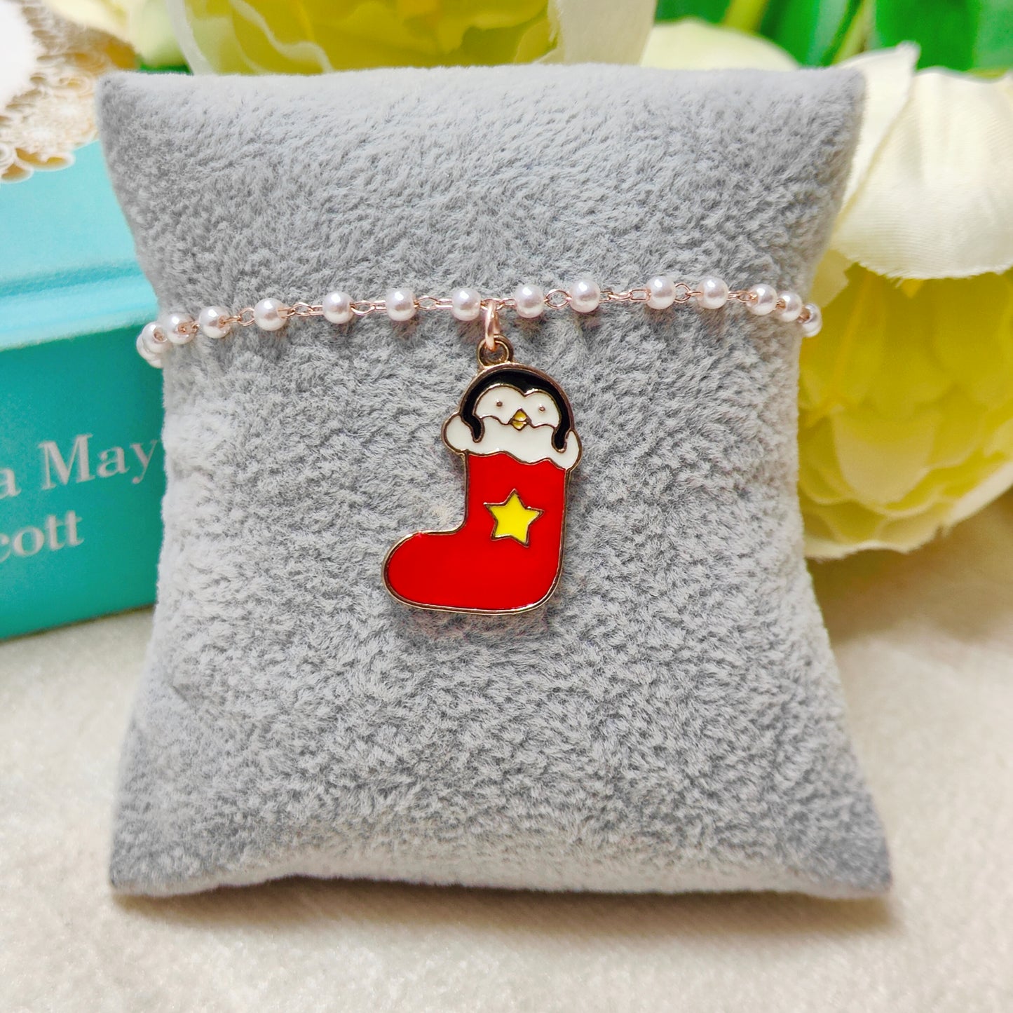 Cute Penguin Stocking Rose Golden Christmas Pearl Chain Bracelet