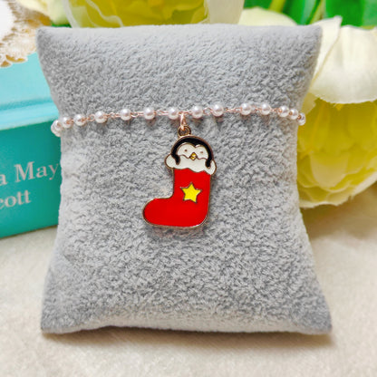 Cute Penguin Stocking Rose Golden Christmas Pearl Chain Bracelet