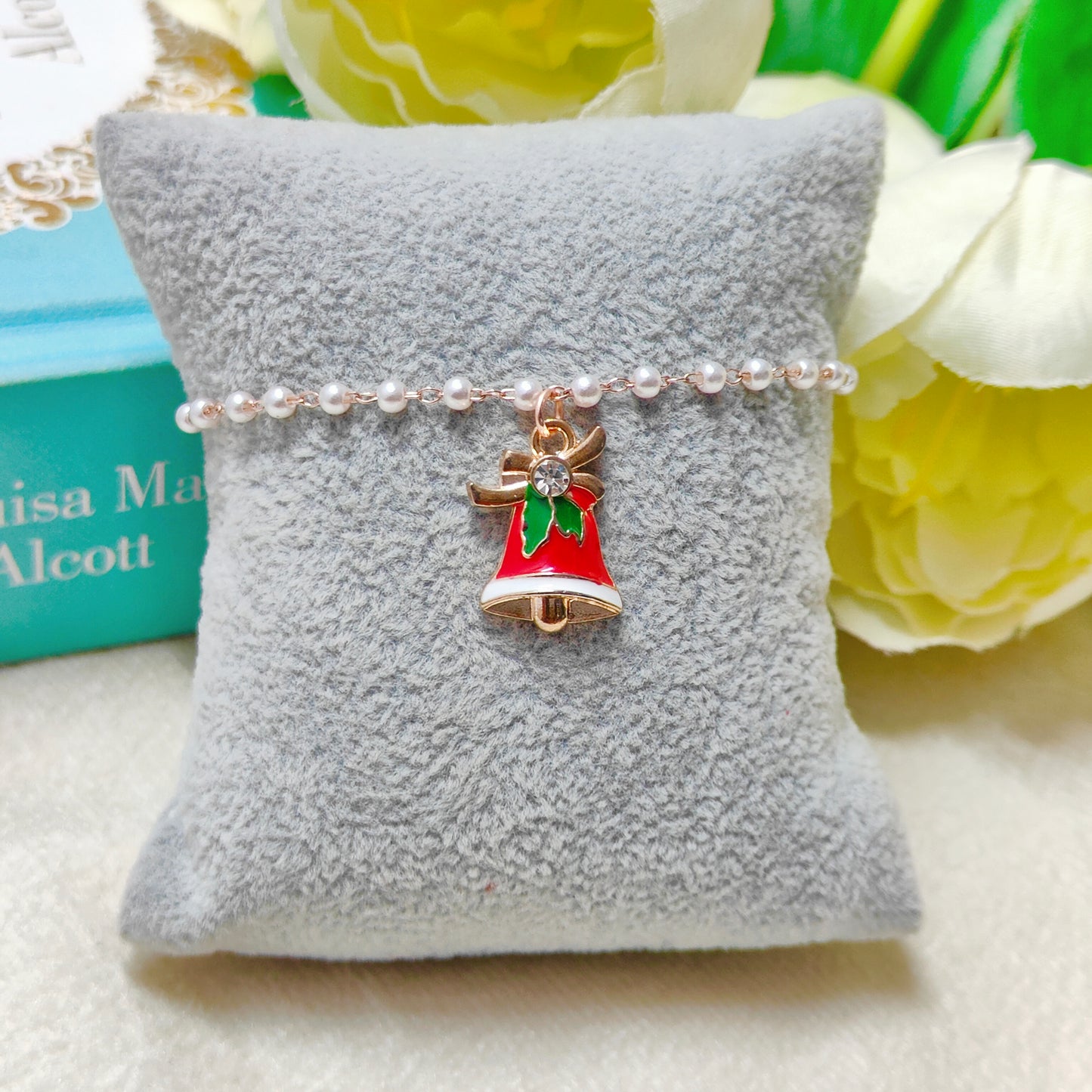 Studded Jingle Bell Rose Golden Christmas Pearl Chain Bracelet
