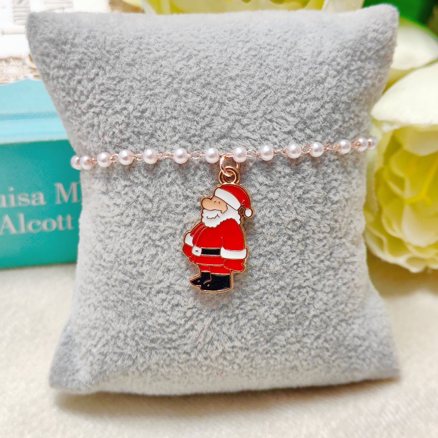 Standing Santa Rose Golden Christmas Pearl Chain Bracelet