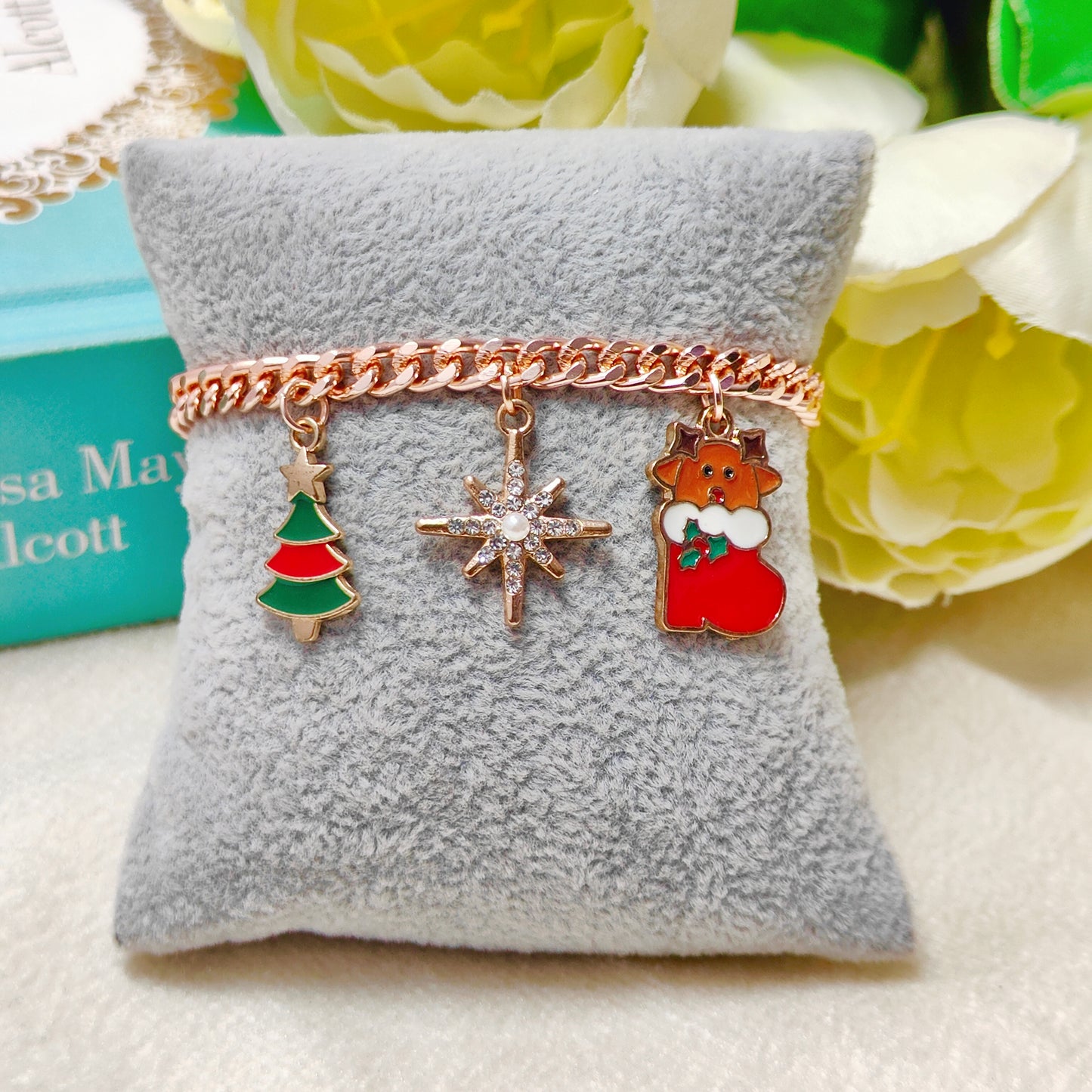 Rose Golden Three Charms Combo Christmas Bracelet (Design 24)