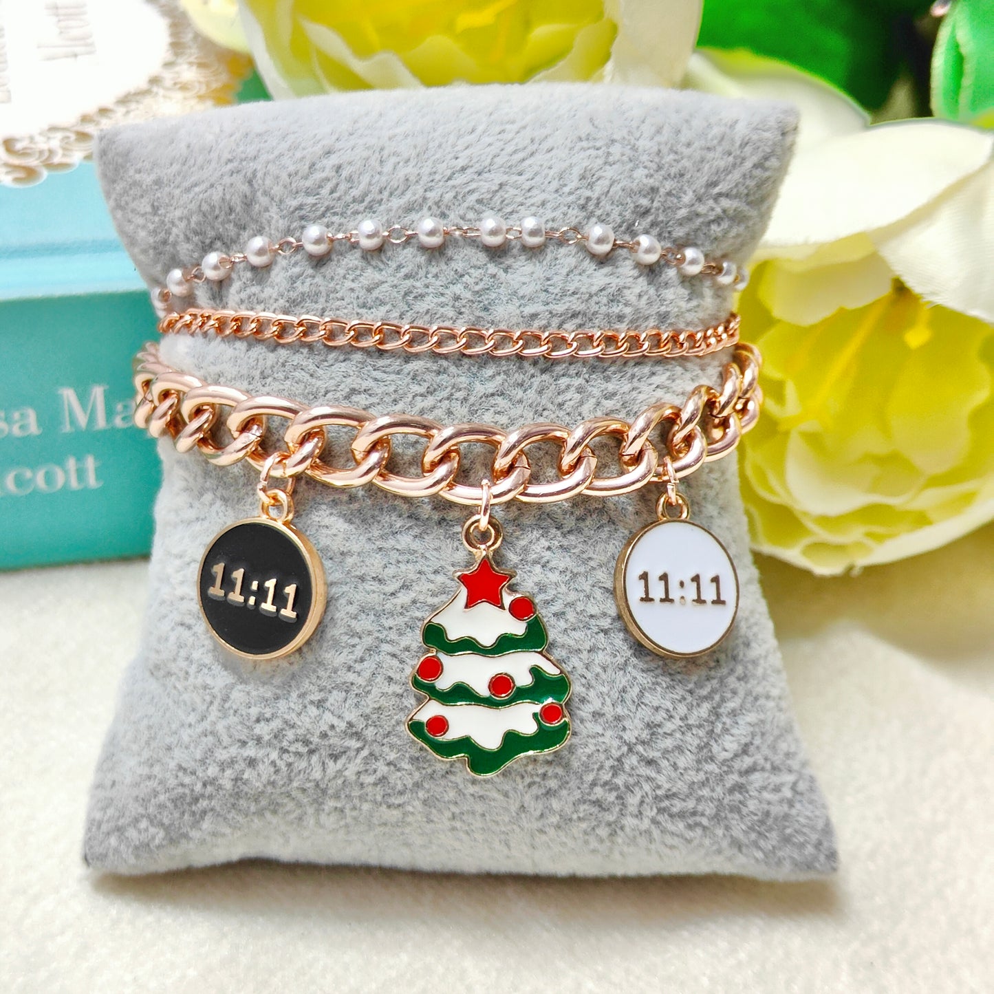 Rose Golden Three Charms Combo Christmas 3-Layer Bracelet (Design 2B)