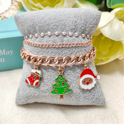Rose Golden Three Charms Combo Christmas 3-Layer Bracelet (Design 3B)