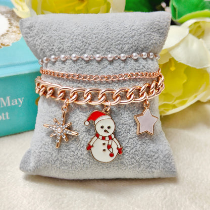Rose Golden Three Charms Combo Christmas 3-Layer Bracelet (Design 7B)