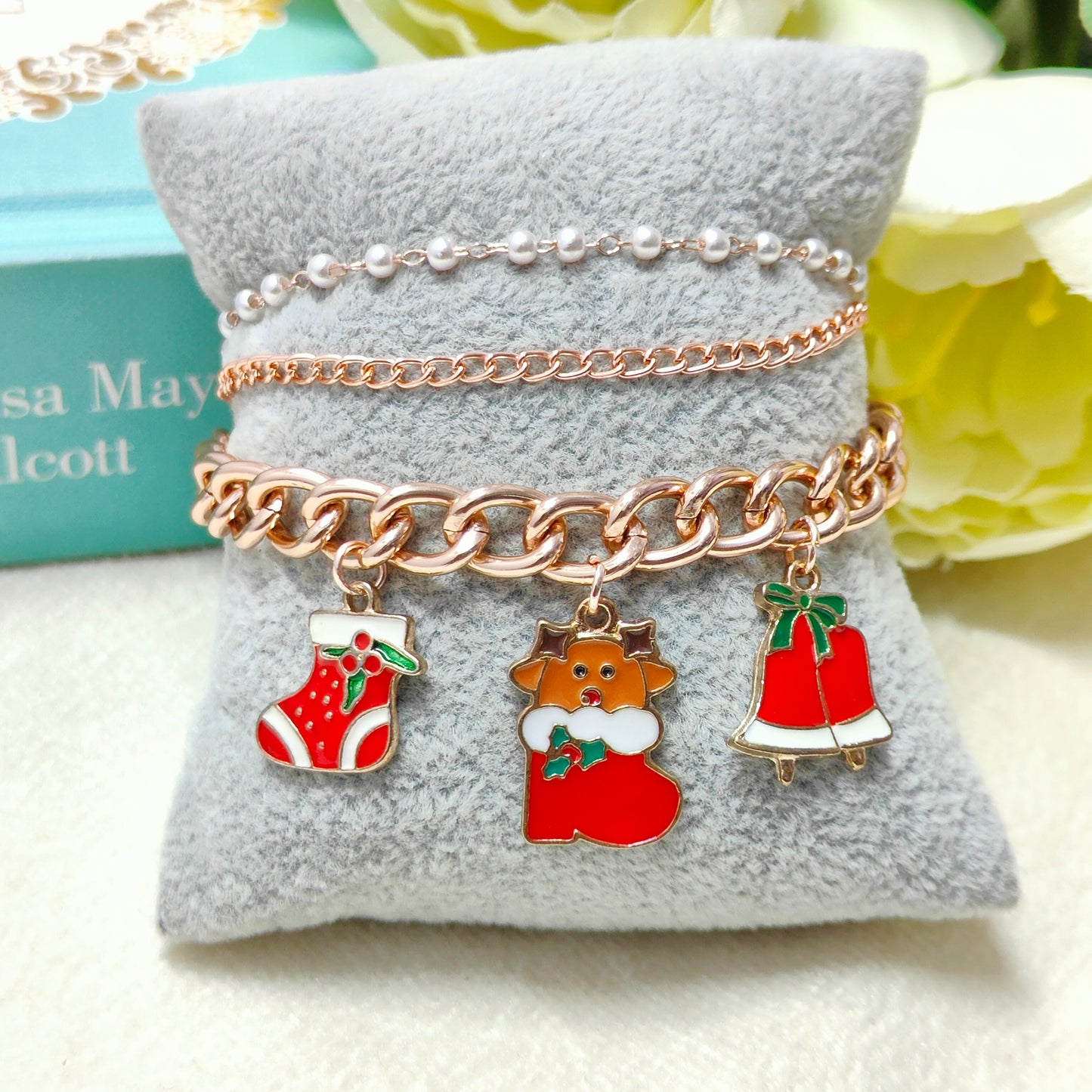 Rose Golden Three Charms Combo Christmas 3-Layer Bracelet (Design 8B)