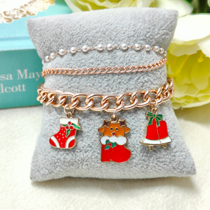Rose Golden Three Charms Combo Christmas 3-Layer Bracelet (Design 8B)