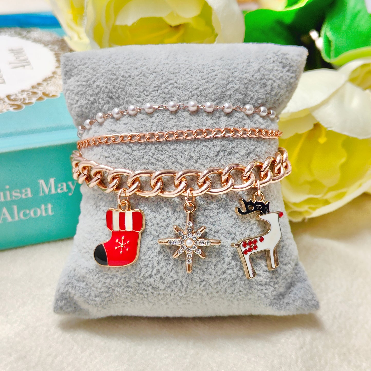 Rose Golden Three Charms Combo Christmas 3-Layer Bracelet (Design 6B)