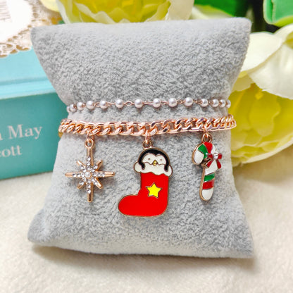 Rose Golden Three Charms Combo Christmas 2-Layer Bracelet (Design 3A)