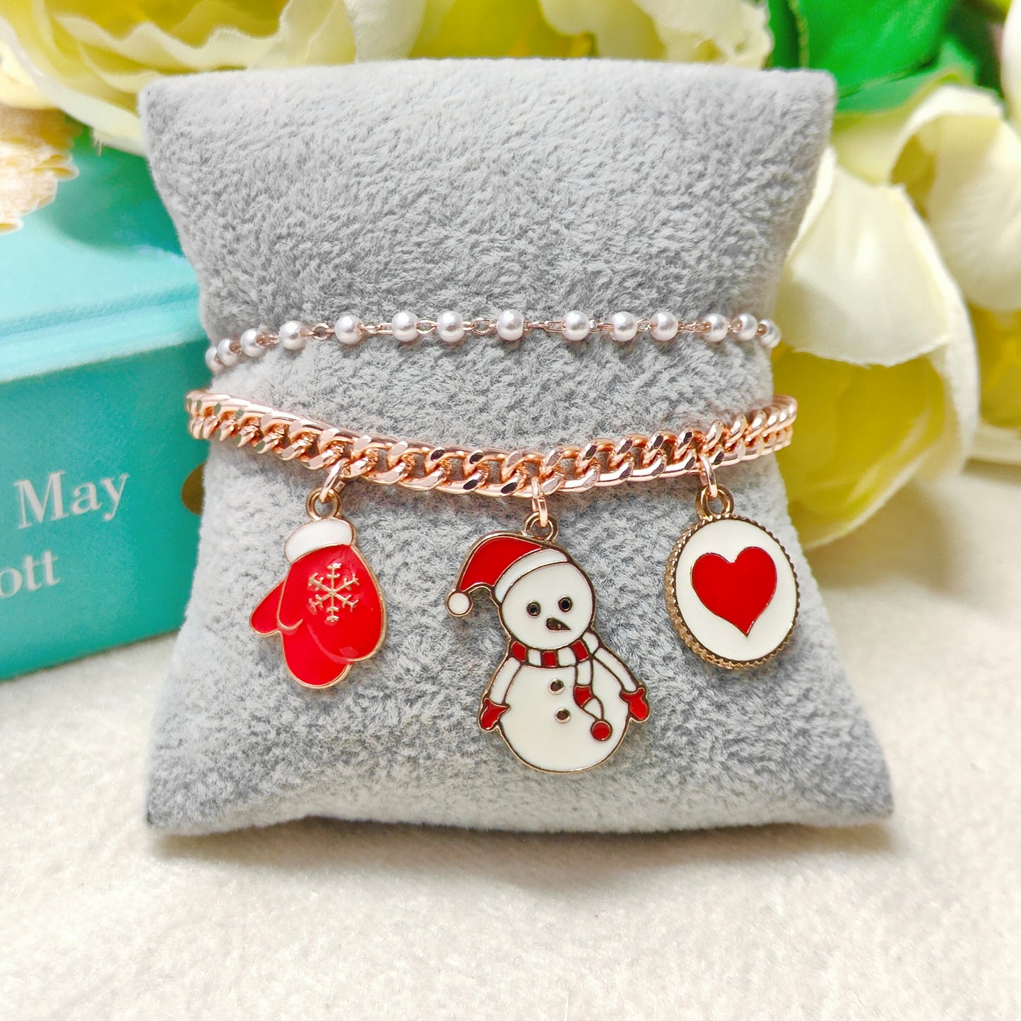 Rose Golden Three Charms Combo Christmas 2-Layer Bracelet (Design 23A)