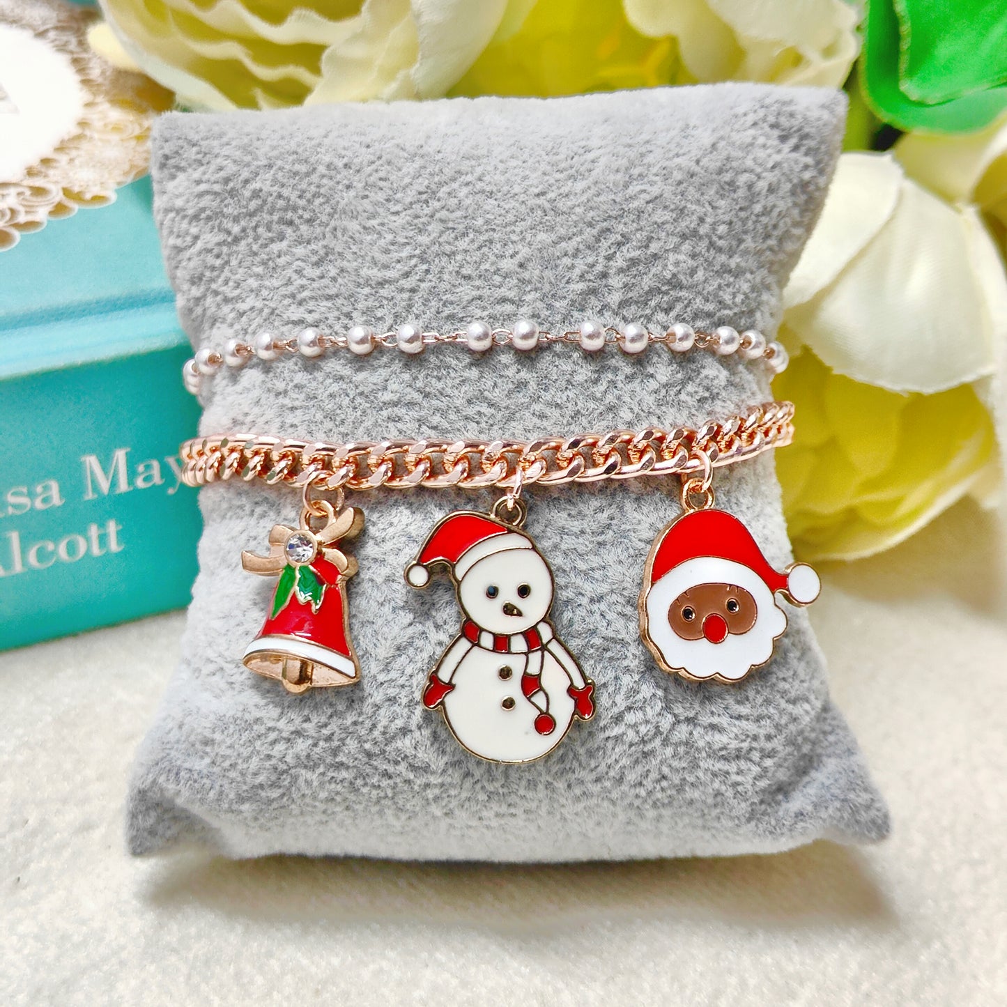 Rose Golden Three Charms Combo Christmas 2-Layer Bracelet (Design 18A)