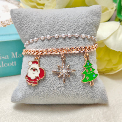 Rose Golden Three Charms Combo Christmas 2-Layer Bracelet (Design 9A)