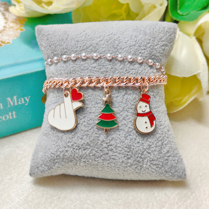 Rose Golden Three Charms Combo Christmas 2-Layer Bracelet (Design 7A)