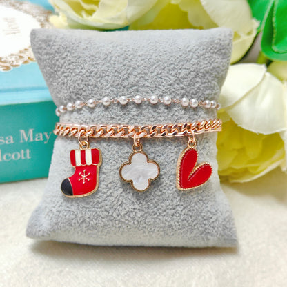 Rose Golden Three Charms Combo Christmas 2-Layer Bracelet (Design 11A)