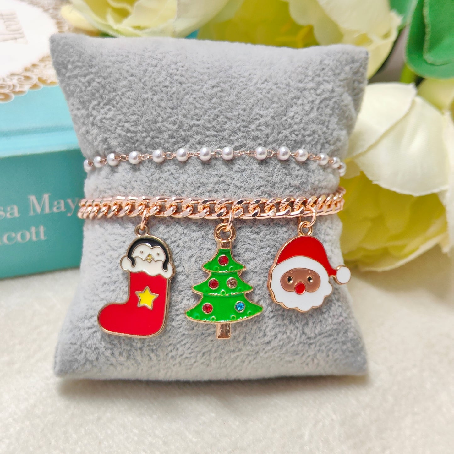 Rose Golden Three Charms Combo Christmas 2-Layer Bracelet (Design 22A)