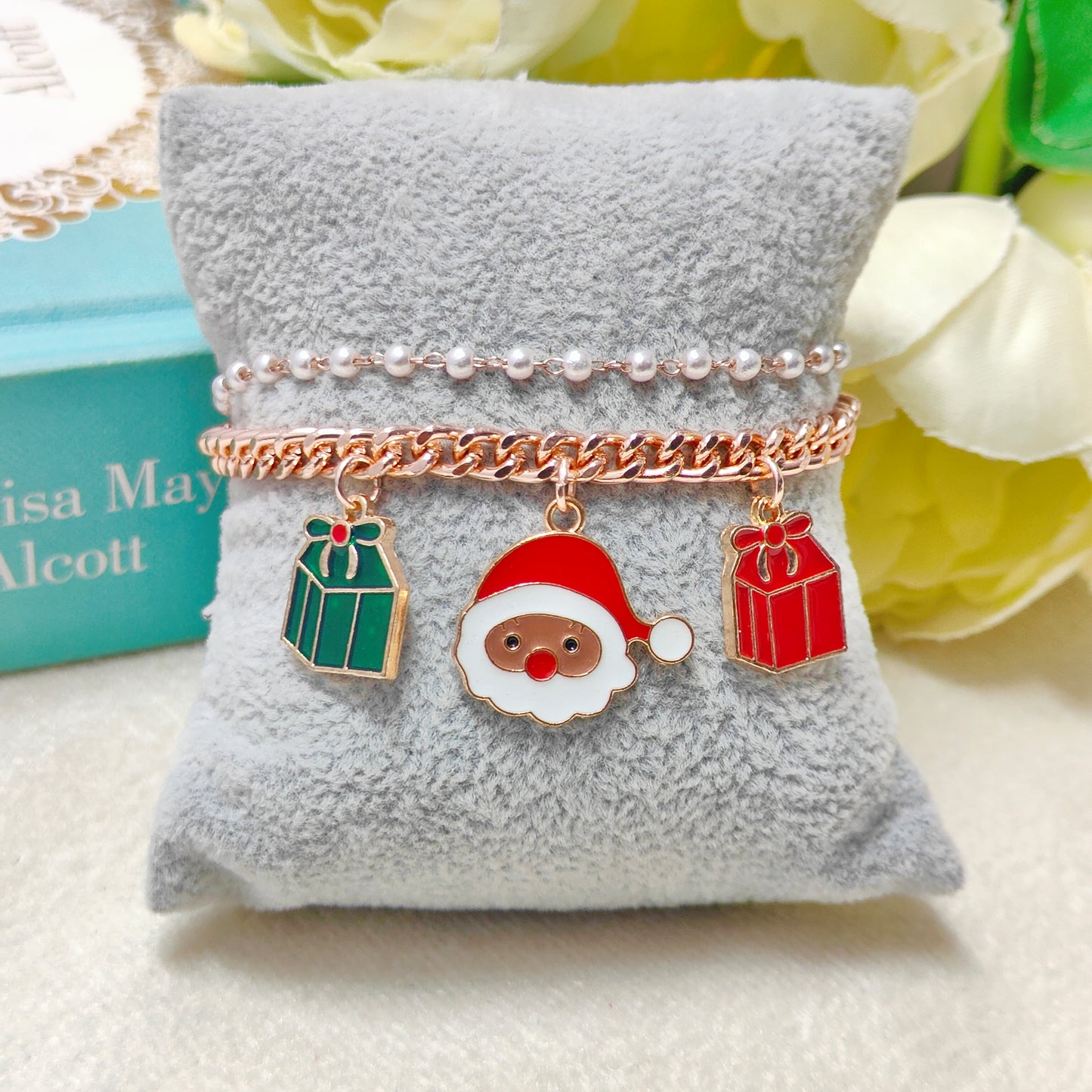Rose Golden Three Charms Combo Christmas 2-Layer Bracelet (Design 16A)